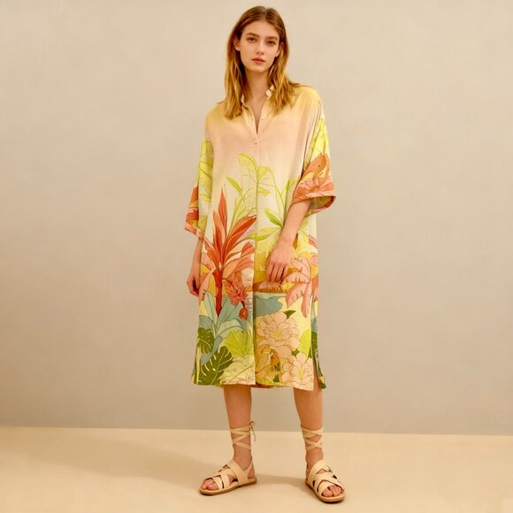 Farm Rio Dresses & Skirts - NWOT Farm Rio Linen blend Floral Midi Shirt Dress Size L Hawaiian Tropical